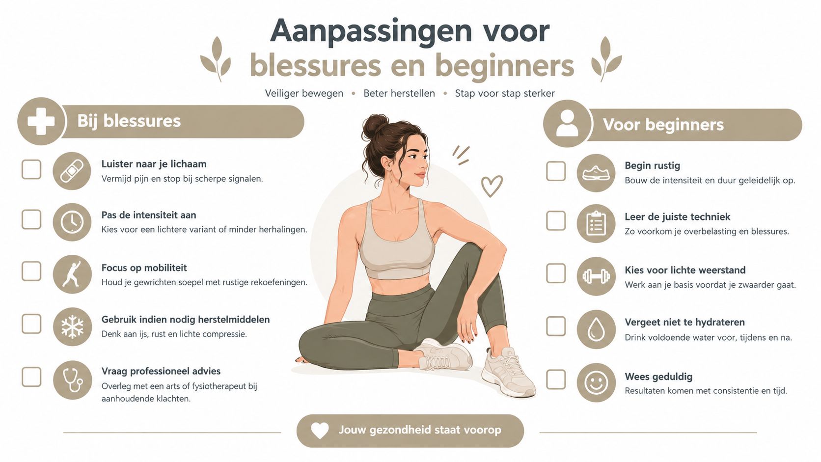 Een informatieve afbeelding met tips voor veilig sporten, bedoeld voor mensen met blessures en beginnende sporters.