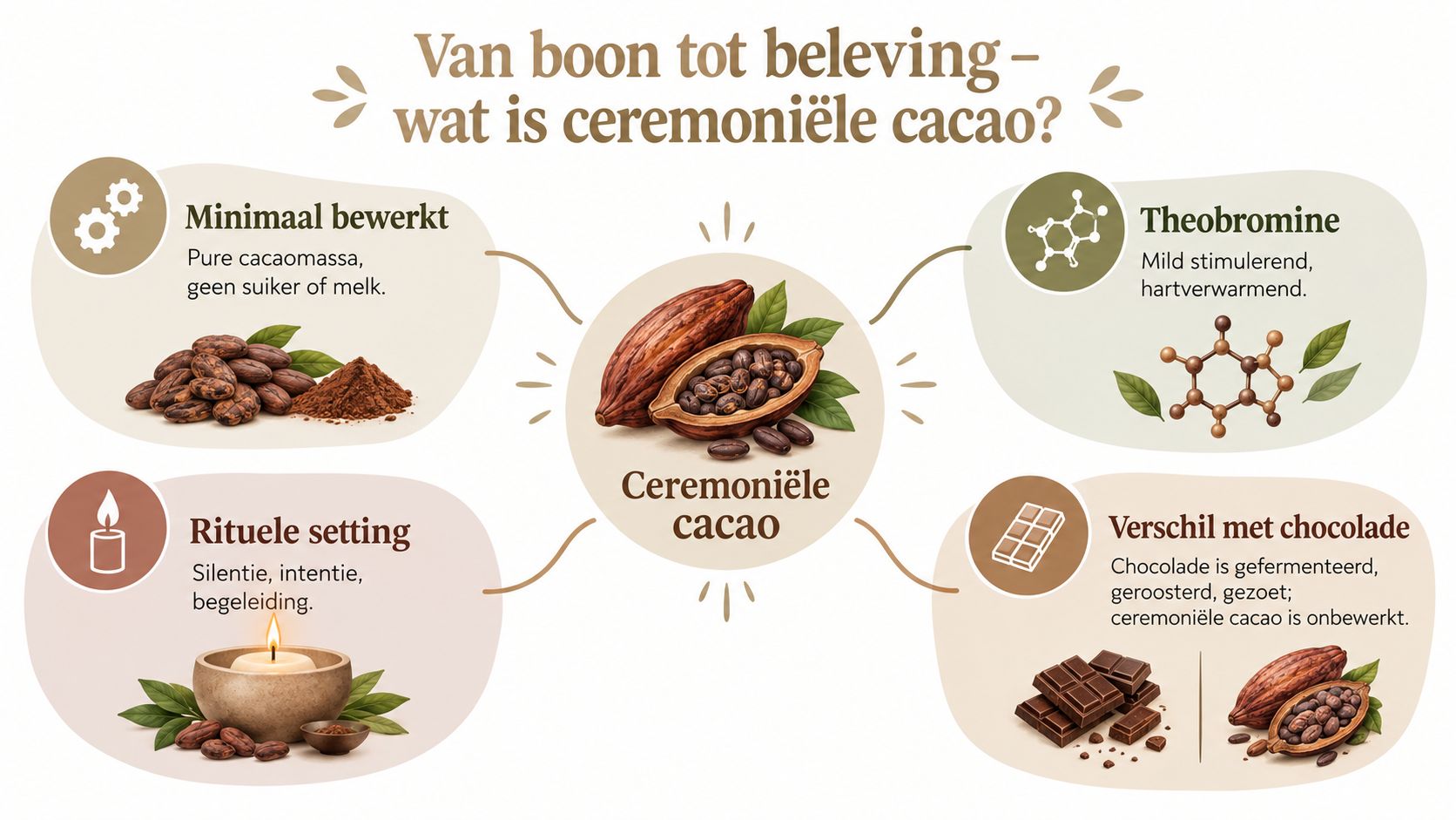 Een informatieve infographic over ceremoniële cacao, de kenmerken, de effecten en het verschil met gewone chocolade.