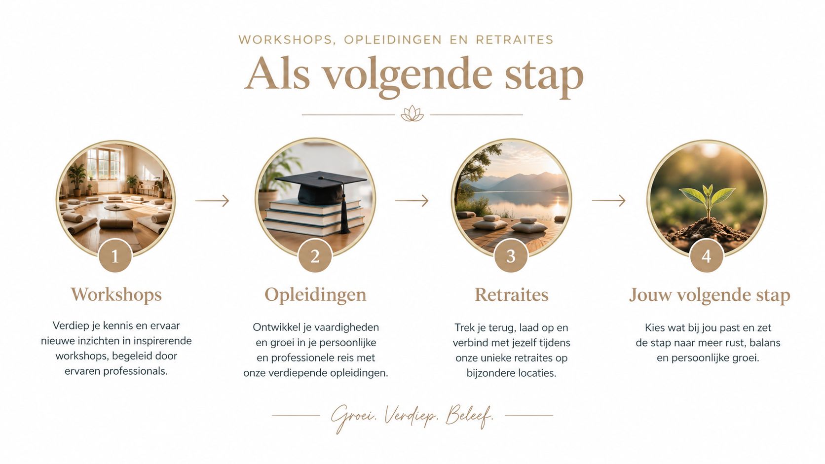 Een overzicht van workshops, opleidingen en retraites voor persoonlijke groei en professionele ontwikkeling van een yogastudio.