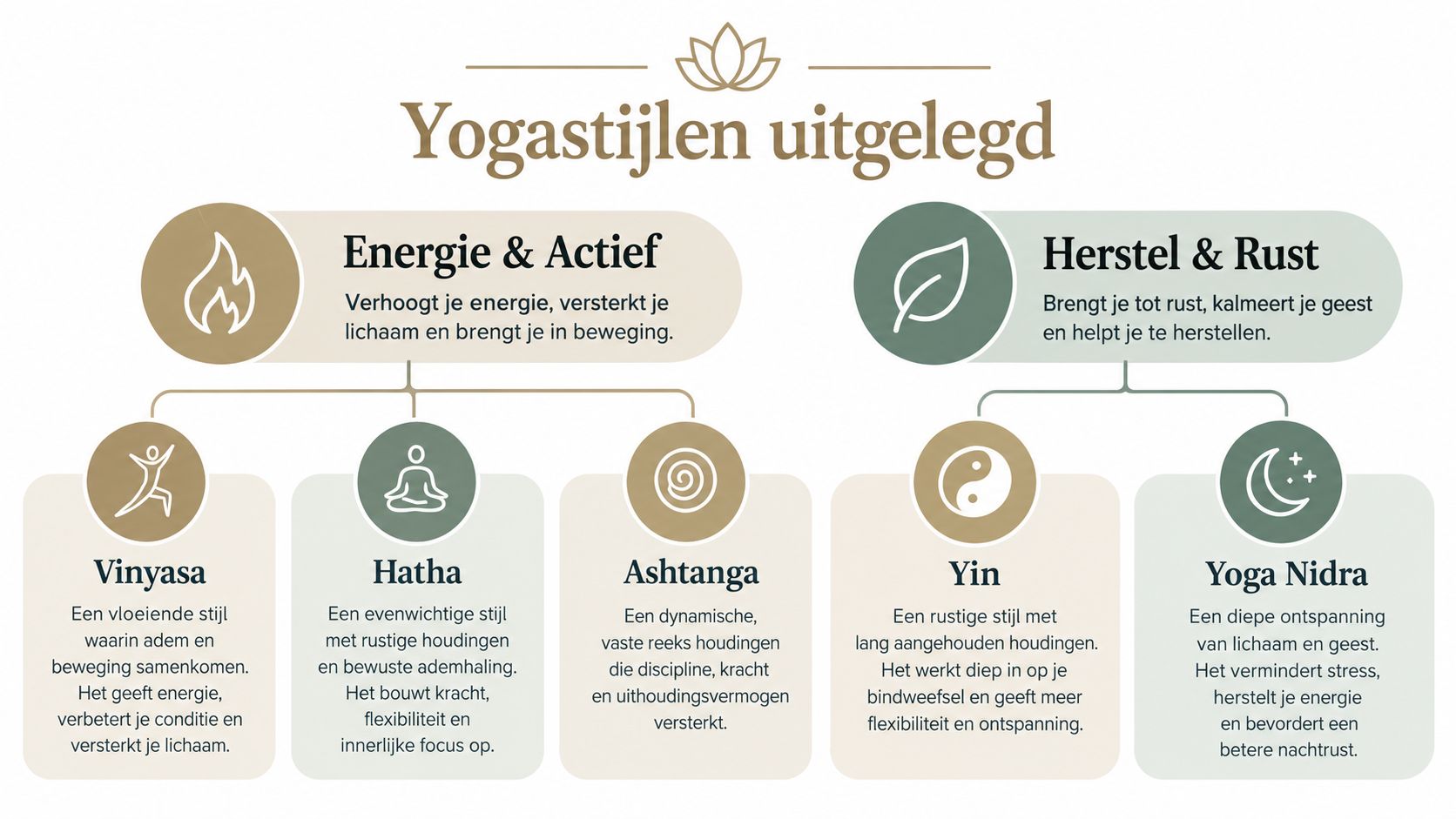 Een overzichtelijk schema dat verschillende yogastijlen verdeelt in categorieën voor energie en actie of rust en herstel.