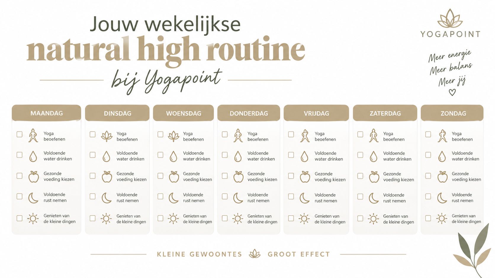 Een wekelijkse planning voor de 'natural high' routine bij Yogapoint, met dagelijkse gezonde gewoontes voor meer balans.