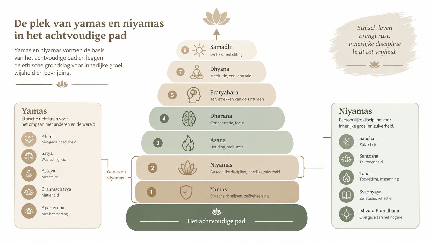 Een infographic die de plaats van de yamas en niyamas binnen het achtvoudige pad van yoga toont.