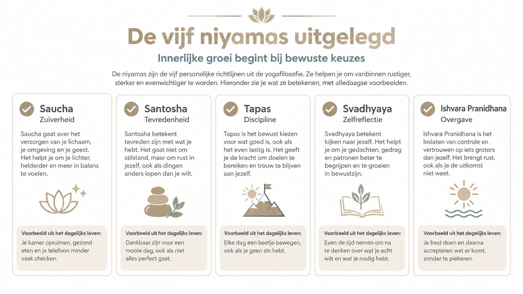 Een overzichtskaart die de vijf niyamas uit de yogafilosofie uitlegt met betekenissen en voorbeelden uit het dagelijks leven.