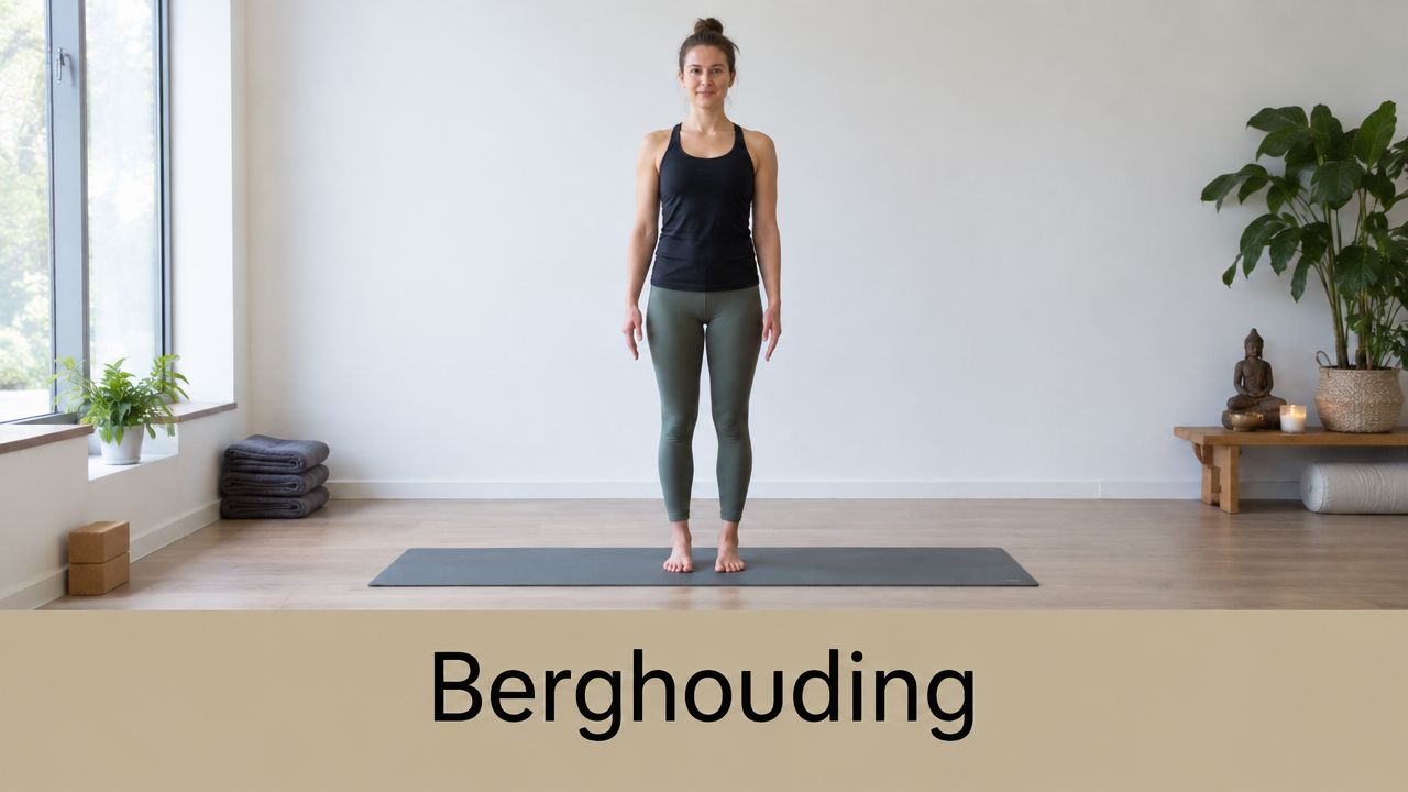 Een vrouw staat rechtop in de berghouding op een yogamat in een lichte, rustige yogastudio.