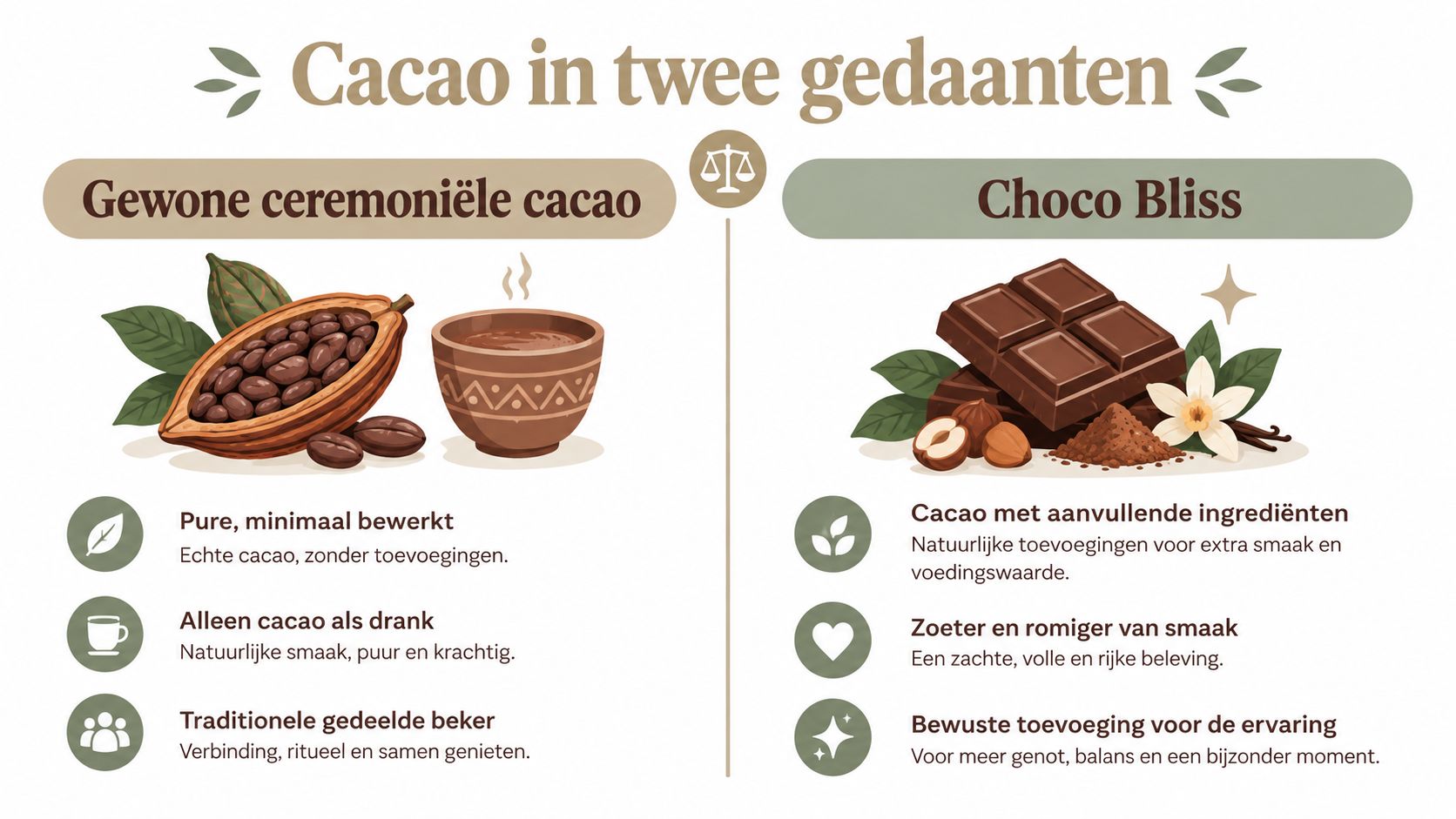 Een infographic die het verschil toont tussen pure ceremoniële cacao en Choco Bliss cacao met aanvullende ingrediënten.