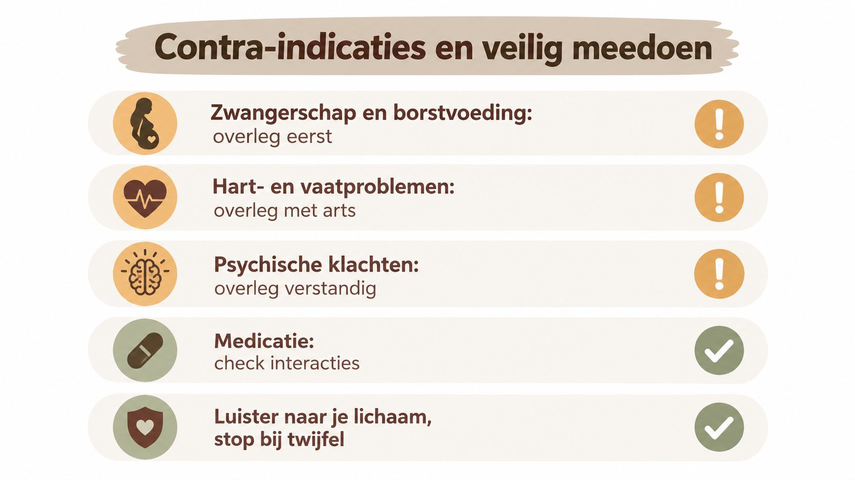 Een overzicht van contra-indicaties en veiligheidsrichtlijnen voor een cacao ceremonie, weergegeven met icoontjes en korte teksten.