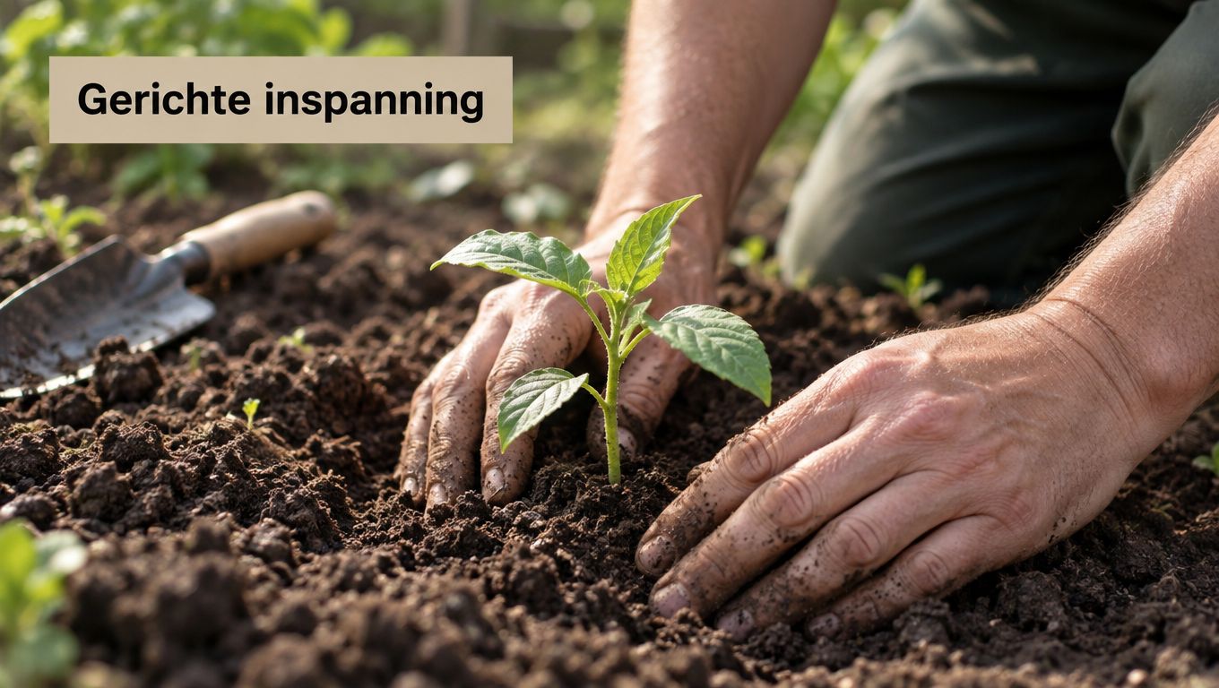 Een tuinman plant met aandacht een jong groen plantje in de vruchtbare aarde van een tuin.