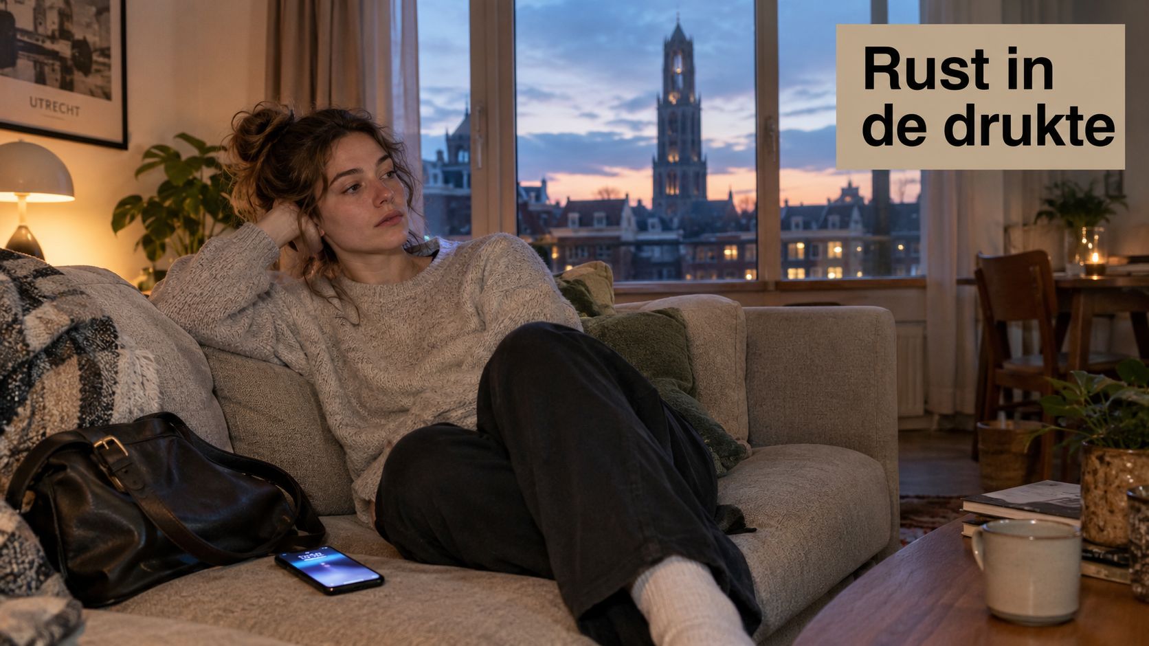 Een jonge vrouw zit ontspannen op een bank en kijkt uit het raam naar de Domtoren in Utrecht.