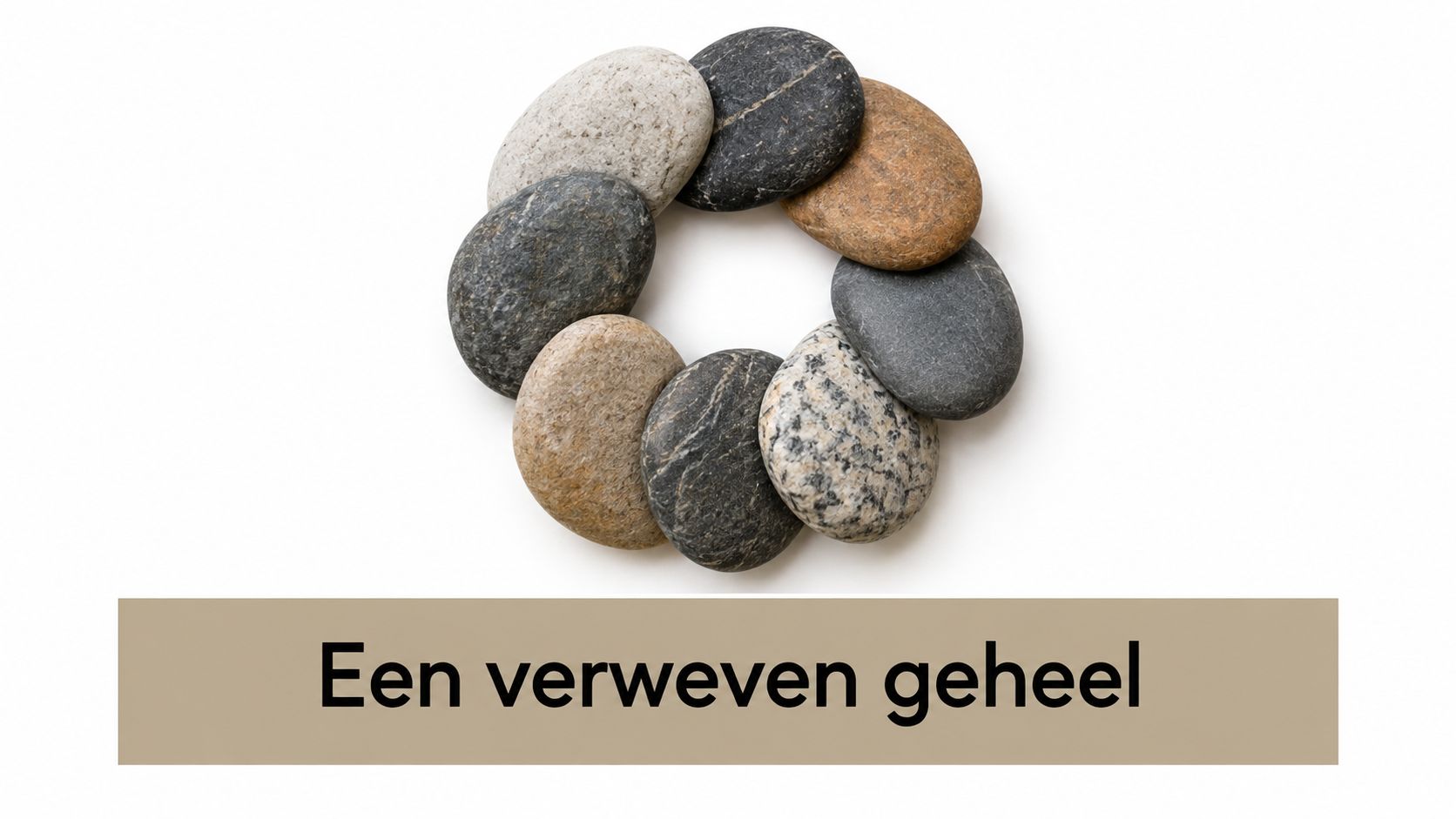 Acht gladde stenen gerangschikt in een cirkel op een witte achtergrond met de tekst Een verweven geheel.