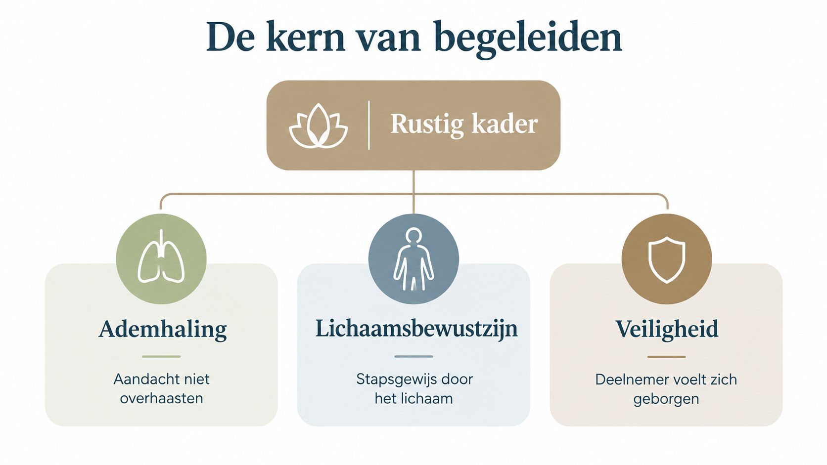 Een grafische weergave die de kernwaarden van begeleiding toont, waaronder ademhaling, lichaamsbewustzijn en een rustig kader.